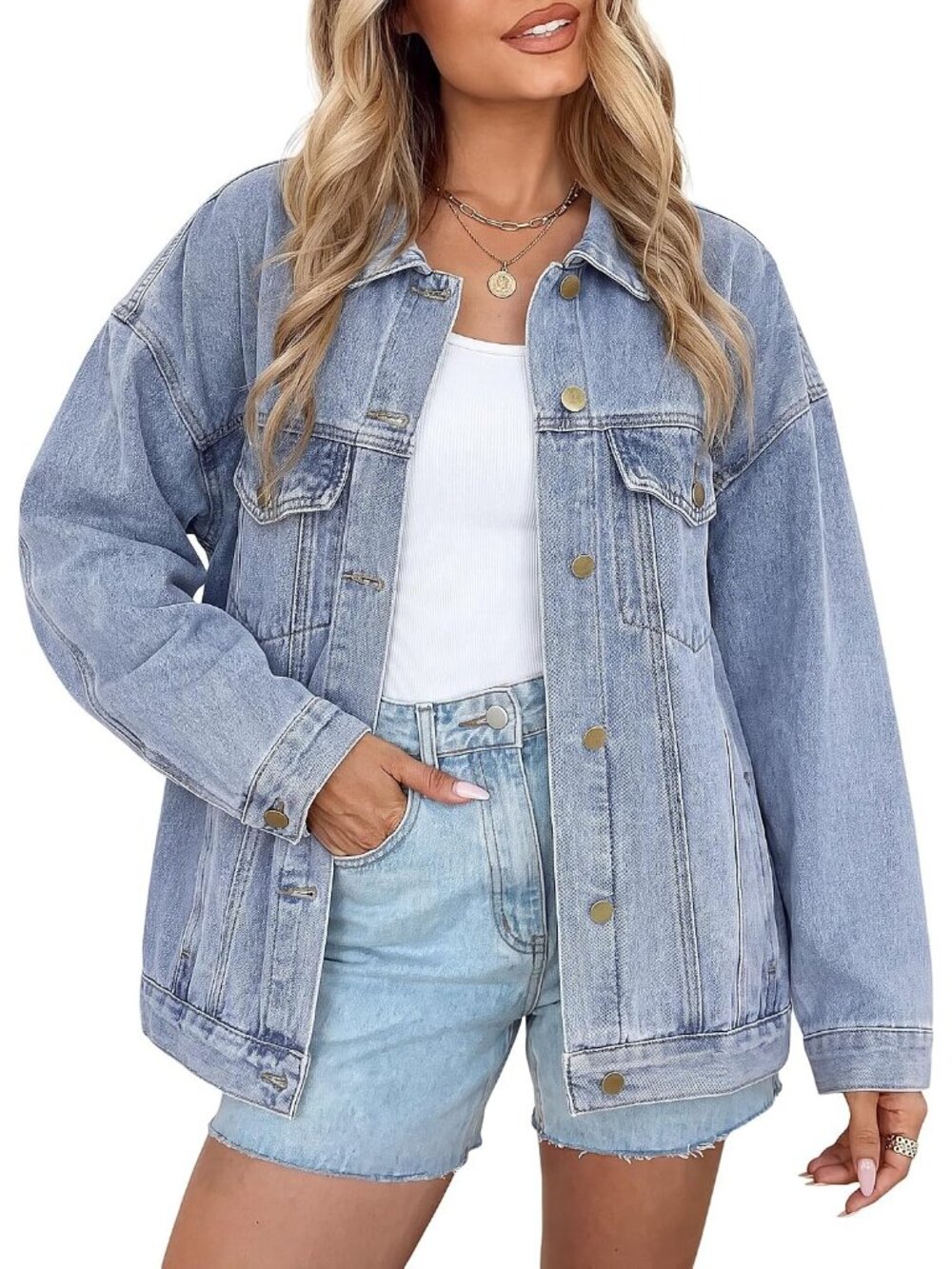 Women's Light Blue Oversized Button Down Pockets Imported Denim Jeans Jacket